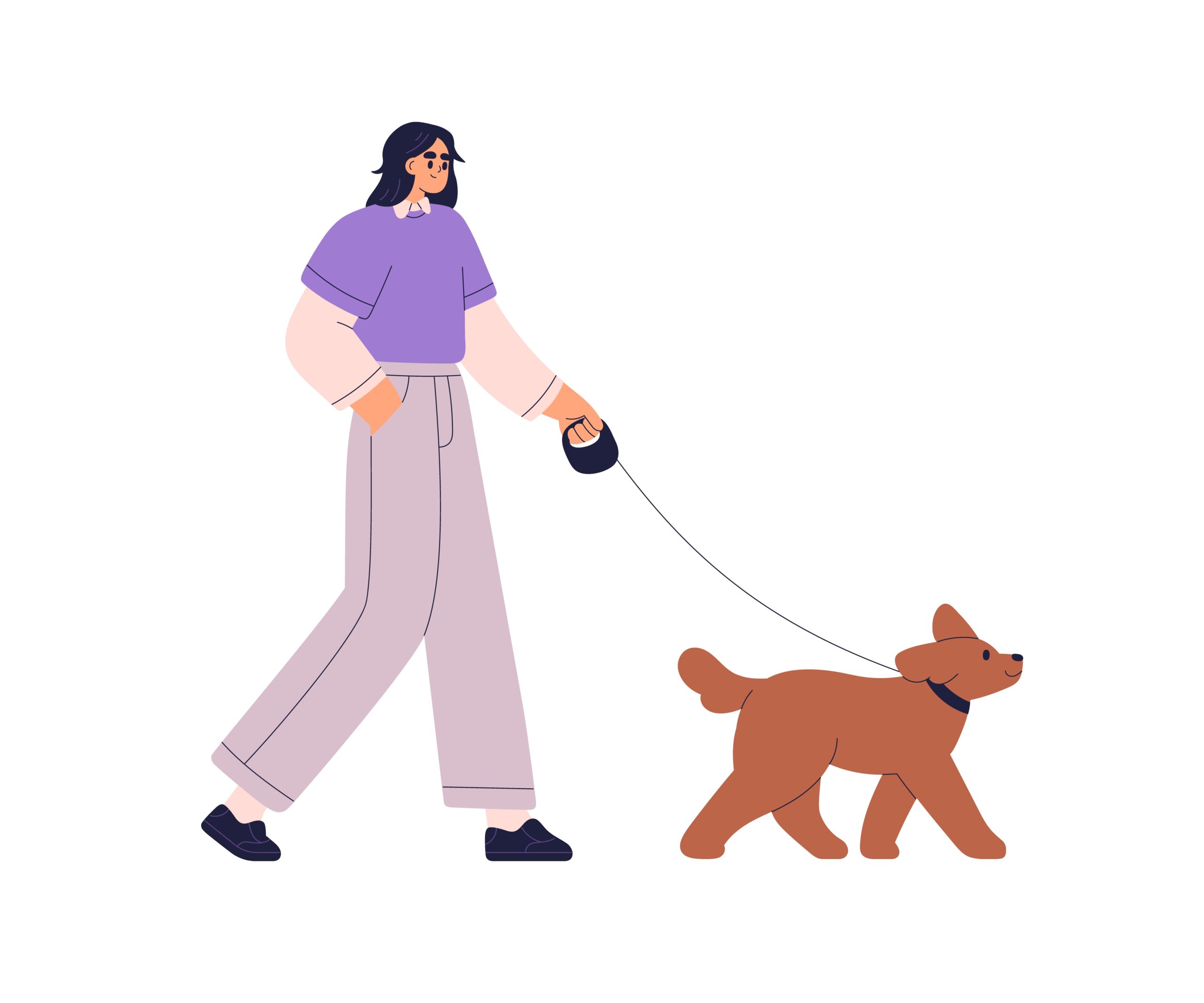 Woman walking cute dog on leash. Pet owner strolling outdoors, leading happy puppy, profile. Female and companion puppy, doggy on street. Flat vector illustration isolated on white background.